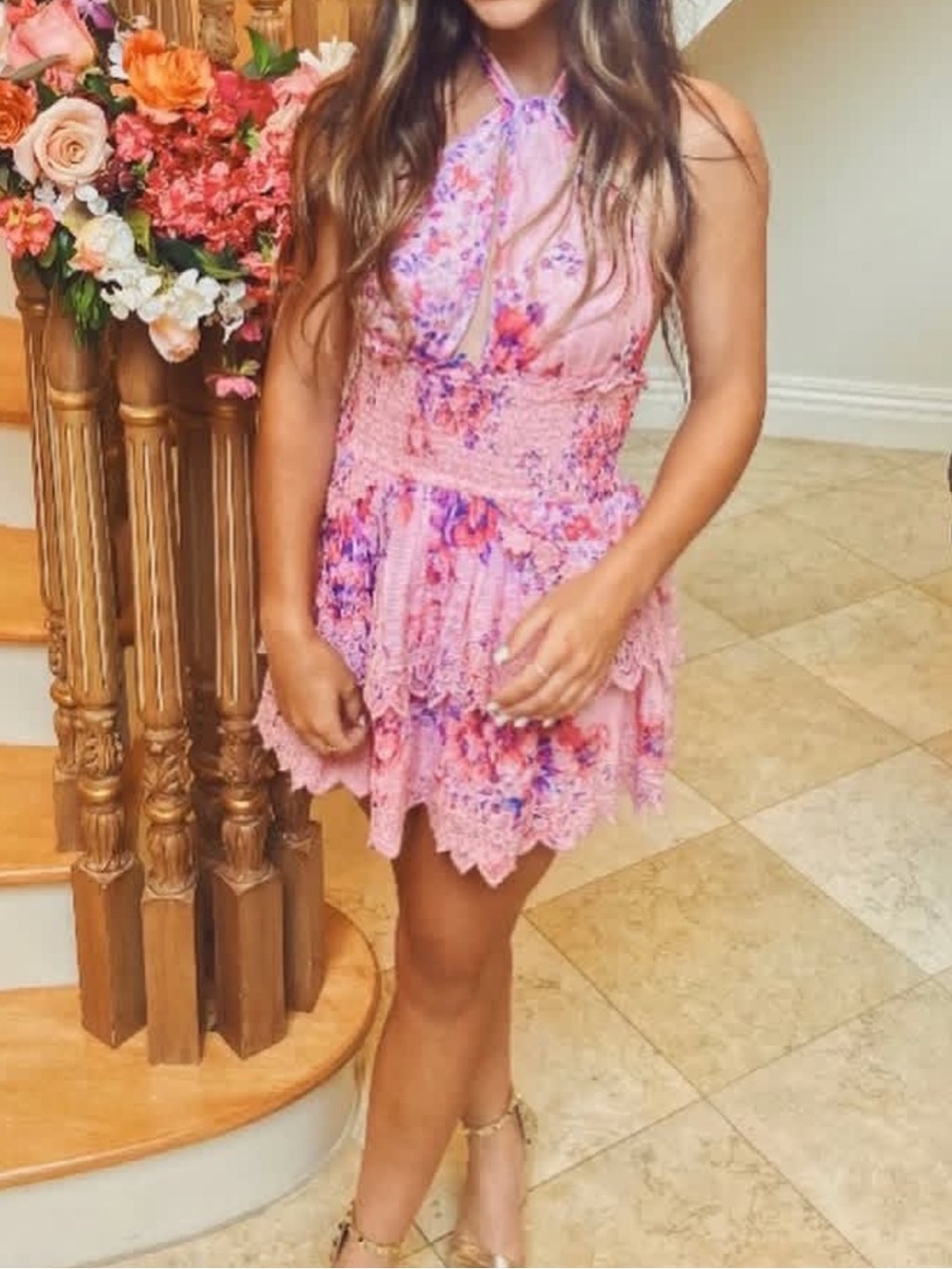 LoveShackFancy Pink Floral Halter Lace-Trim Women's Dress